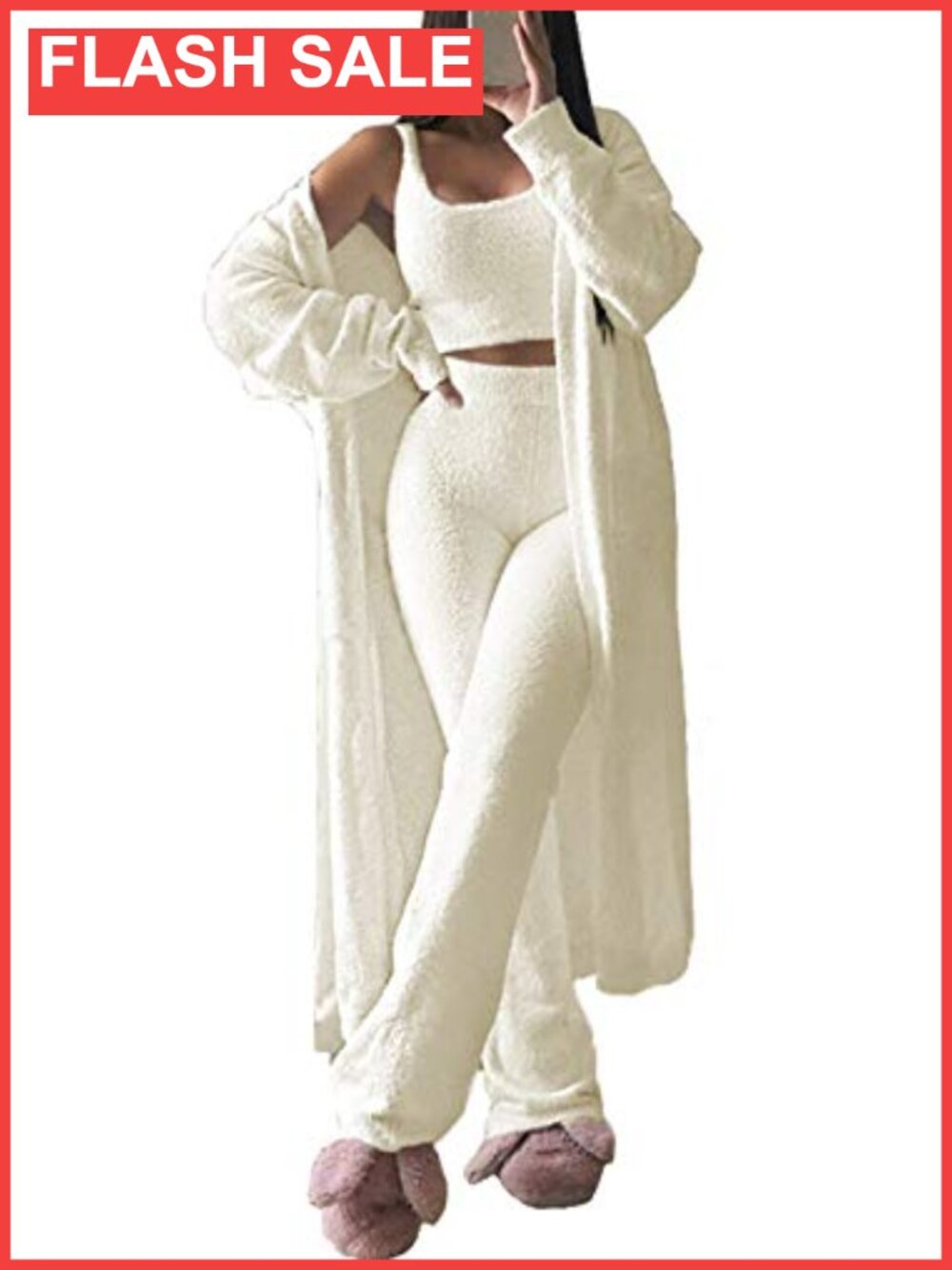 Fuzzy 3 Piece Lounge Set Crop Tank Wide Leg Pants Cardigan
